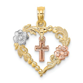 Rhodium Over 14K Tri-Color Gold Heart with Cross and Flowers Charm Pendant