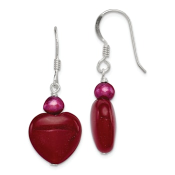 Sterling Silver Polished Red Freshwater Pearl and Red Jadeite Heart
Dangle Earrings