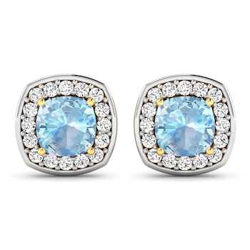 1.50ctw 14K Yellow Gold Cushion Aquamarine and White Diamond Halo Earrings