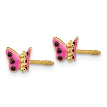 14K Yellow Gold Pink Enameled Butterfly Earrings