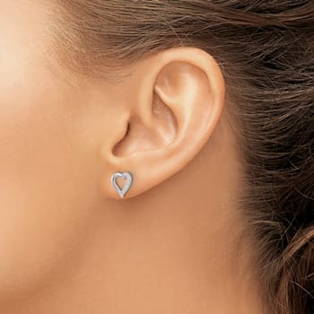 Rhodium Over 14k White Gold Diamond Heart Stud Earrings