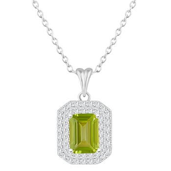 8x6mm Emerald Cut Peridot And White Topaz Rhodium Over Sterling Silver
Double Halo Pendant w/Chain