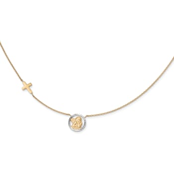 14K Yellow Gold Rhodium-plated Diamond-cut Angel and Cross Necklace