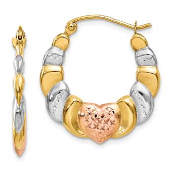 14k Yellow Gold and Rhodium Over 14k Yellow Gold 7/8" Diamond-Cut
Scalloped Heart Hoop Earrings