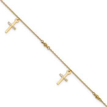 10k Yellow Gold Polished and Textured Cross Charm Cable Link Anklet
