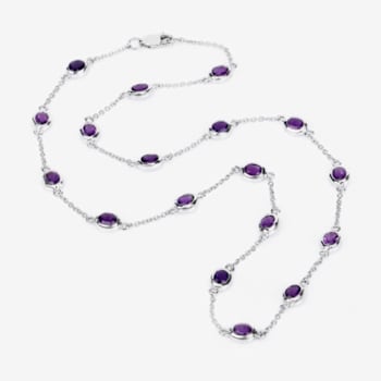 Oval Purple Amethyst By the Yard Rhodium Over Sterling Silver Station
Necklace 6.12ctw
