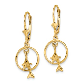 14k Yellow Gold 3D Dolphin Jumping Through Hoop Dangle Earrings
