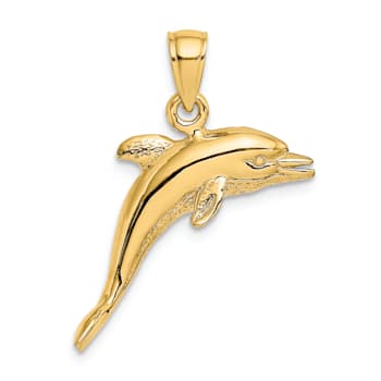 14k Yellow Gold Polished and Textured 3D Jumping Dolphin Charm
