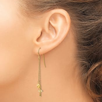 14k Yellow Gold Ropa Chain Puffed Heart and Diamond-Cut Cross Dangle Earrings