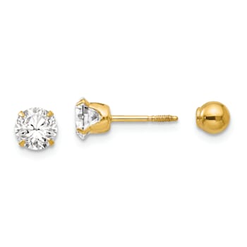 14K Yellow Gold Polished Reversible 5mm Cubic Zirconia and Ball Earrings