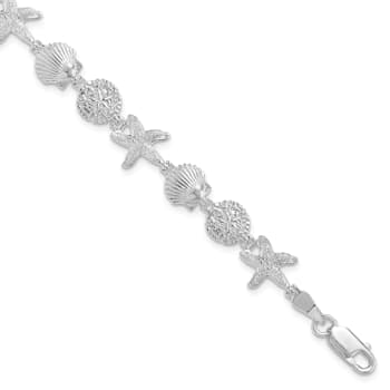 Rhodium Over Sterling Silver Polished Sand Dollar, Shell, Starfish Bracelet