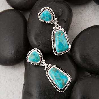 Barse Turquoise Double Drop Earrings In Sterling Silver Over Bronze