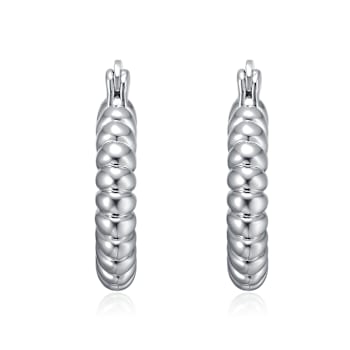 Ribbed Tubular Hoop Earrings In Rhodium Over Brass