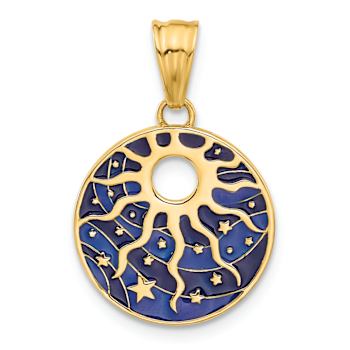 14k Yellow Gold Polished Blue Enameled Sun and Stars Pendant