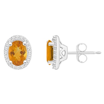 7x5mm Oval Citrine 1/5 ctw Diamond Rhodium Over Sterling Silver Halo
Stud Earrings