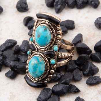 Barse Jewelry Blue Composite Turquoise and Black Onyx Gold Tone Double
Up Ring