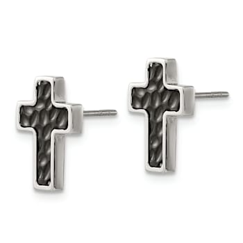 Stainless Steel Brushed and Polished Black IP-plated Textured Cross Earrings