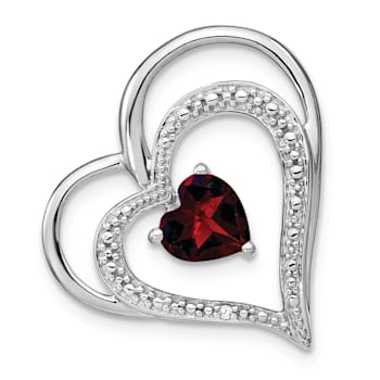Rhodium Over 14k White Gold Garnet and Diamond Heart chain slide