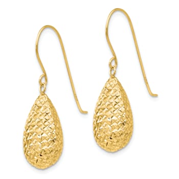 14K Yellow Gold Textured Puffed Teardrop Dangle Earrings