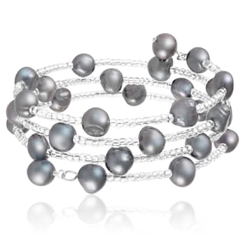 Sterling Silver Rhodium Plated Triple Row Freshwater Pearl Coil Bracelet