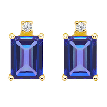 6x4mm Emerald Cut Tanzanite with Diamond Accents 14k Yellow Gold Stud Earrings