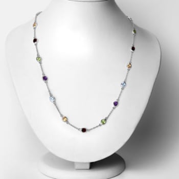 Multi Gemstone Rhodium Over Sterling Silver Station Necklace