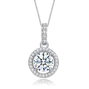 CZ Halo Pendant Necklace In White Rhodium Over Brass