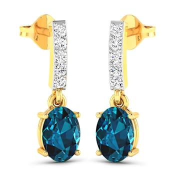 1.40ctw 14K Yellow Gold London Blue Topaz and White Diamond Halo Earrings