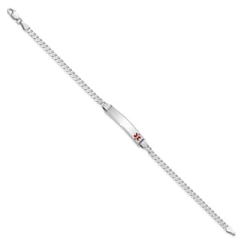 Rhodium Over 14k White Gold Medical Red Enamel Flat Curb Link ID Bracelet