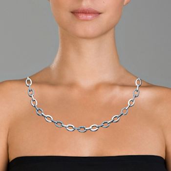 Pave CZ Oval Link Chain Necklace In Sterling Silver 16 Inch