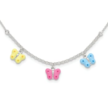 Sterling Silver Polished Enameled Three Butterfly Children's Necklace