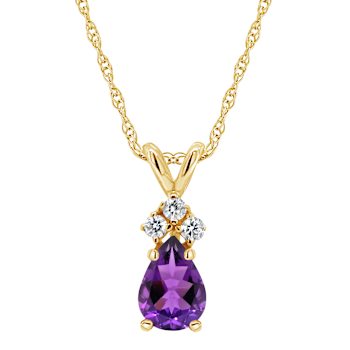 7x5mm Pear Shape Amethyst with Diamond Accents 14k Yellow Gold Pendant
With Chain