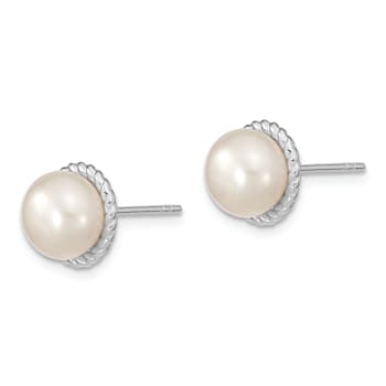 Rhodium Over Sterling Silver 8-9mm White Button Freshwater Cultured
Pearl Post Earrings