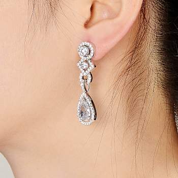 CZ Teardrop Halo Dangle Earrings In Sterling Silver