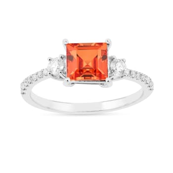 Peach Orange Lab Created Padparadscha Sapphire Rhodium Over Sterling
Silver Three Stone Ring