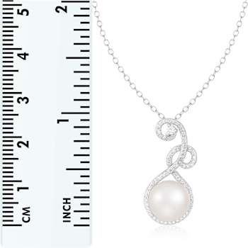 9-10mm Button White Cultured Freshwater Pearl and CZ Rhodium Over
Sterling Silver Pendant