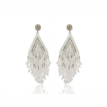 White and Gold Graduated Fringe Seed Bead Earring