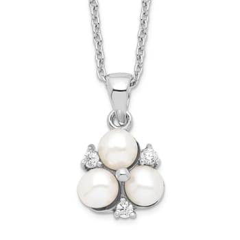 Rhodium Over Sterling Silver 5-6mm White FW Cultured 3-Pearl Cubic
Zirconia Necklace