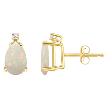 8x5mm Pear Shape Opal with Diamond Accents 14k Yellow Gold Stud Earrings