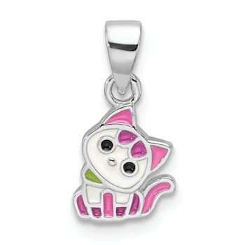Rhodium Over Sterling Silver Multi-color Enameled Cat Children's Pendant