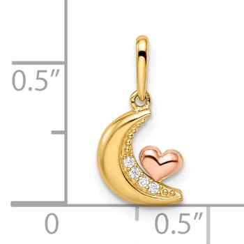 14K Two-tone Cubic Zirconia Moon with Heart Pendant