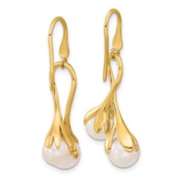 14K Yellow Gold Freshwater Cultured Pearl with Ribbon Shape Dangle Earrings