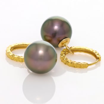 Tahitian Cultured Pearl 18k Yellow Gold Diamond Cut Hoop Earrings