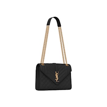 Yves Saint Laurent Envelope Medium in Quilted Grain de Poudre Embossed
Black Leather- Brass Accents
