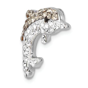 Rhodium Over Sterling Silver Polished Crystal Dolphin Chain Slide Pendant