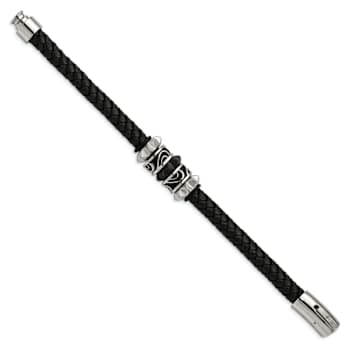 Stainless Steel Antiqued Brushed and Polished Black Ion Plated Leather Bracelet
