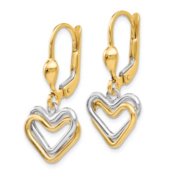 14k Yellow Gold and 14k White Gold Double Heart Dangle Earrings