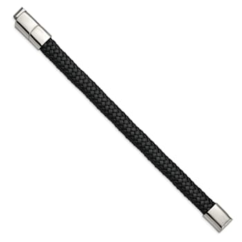 Black Woven Leather and Stainless Steel Polished 8-inch with 0.5-inch
Extension Bracelet