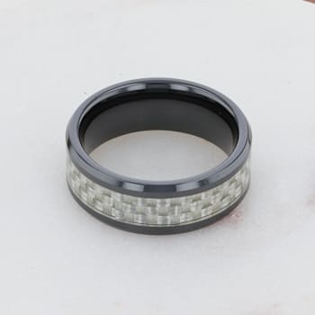 MYSTIQUE Beveled White Carbon Fiber Inlaid Ceramic Ring 8mm