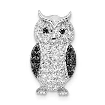 Rhodium Over Sterling Silver Black and White Cubic Zirconia Owl Slide Pendant